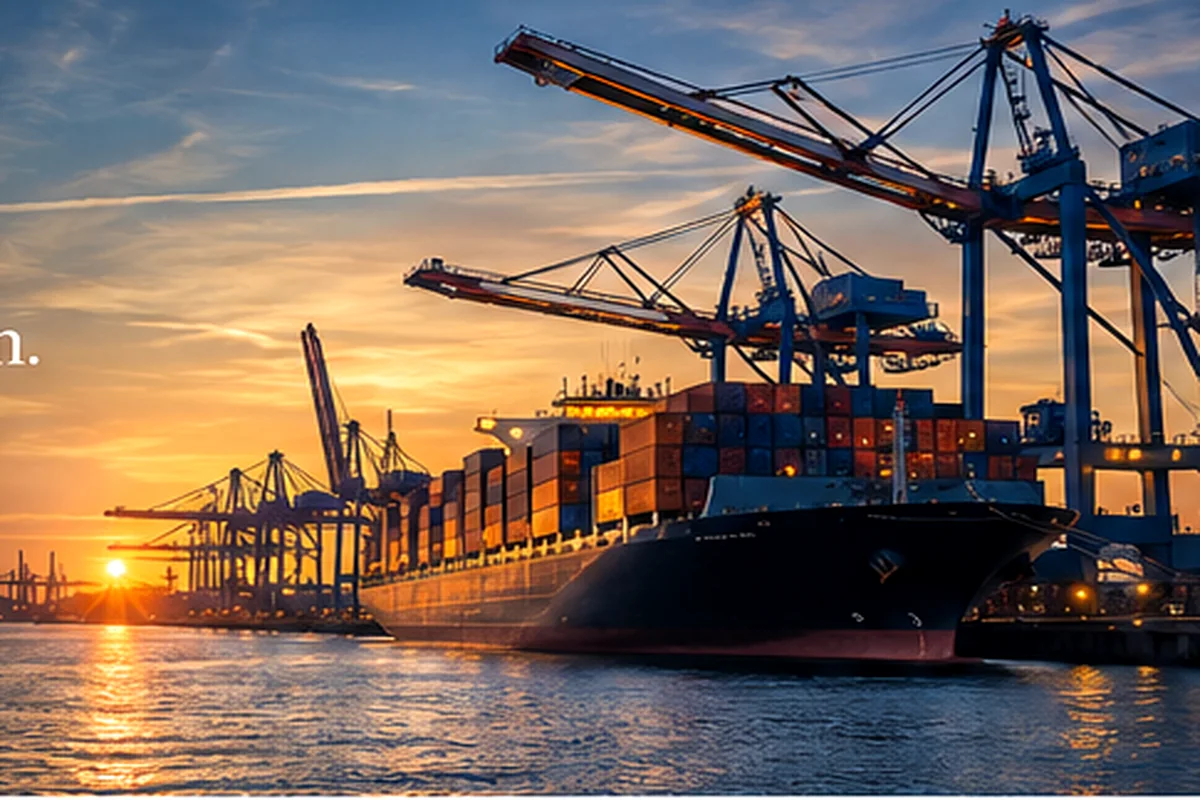 International container port at sunset